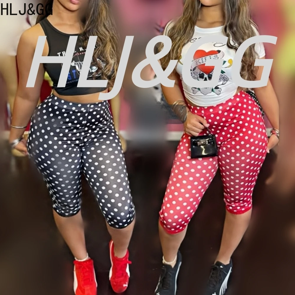 

HLJ&GG Y2K Fashion Letter Print Polka Dot Shorts Two Piece Sets Women O Neck Slim Crop Top + Skinny Shorts Outfits Streetwear BR