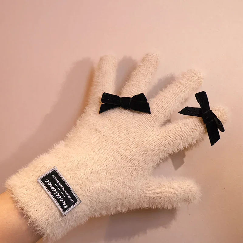 Korean Bow Tie Imitation Rabbit Hair Gloves Lolita Fur Winter Fullfinger Touch Screen Gloves Cycling Y2K Mittens JK Accessories