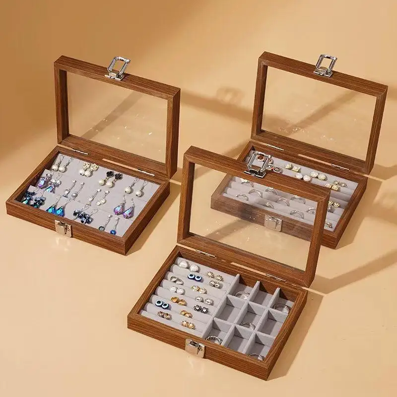 

Walnut ColorJewelry Display Box Storage Cover For Rings Nelaces Earrings High-End Small Hand Solid Wood Jewelry Box