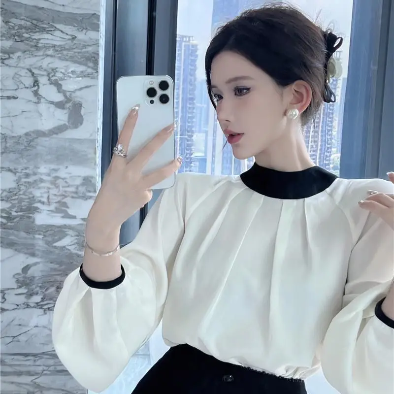 Elegant Loose Women's Long Sleeve Shirt with Sash Color Block Design Spring 2025 New Style Business Lady Polyester Blend