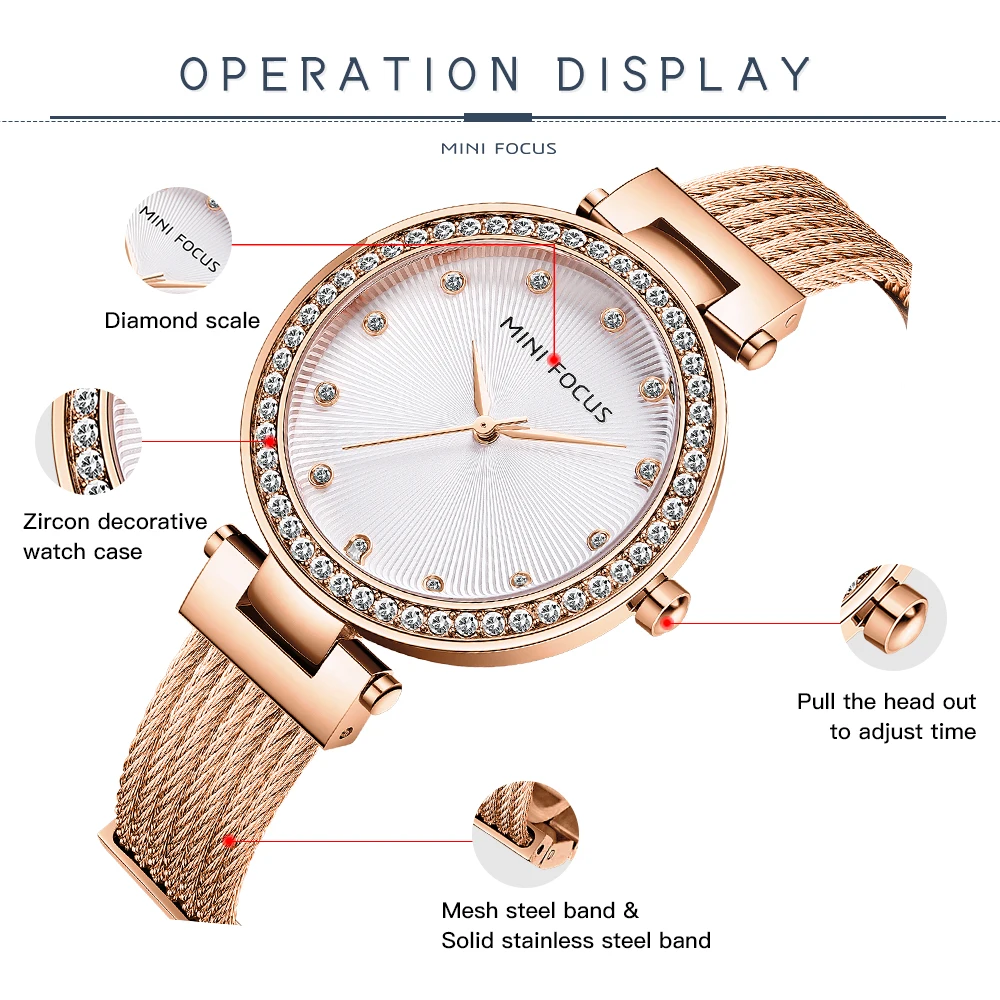 MINI FOCUS Crystal-encrusted Stainless Steel Band Watch for Women Elegant Quartz Wristwatch Luxury Ladies Watches часы 0423L