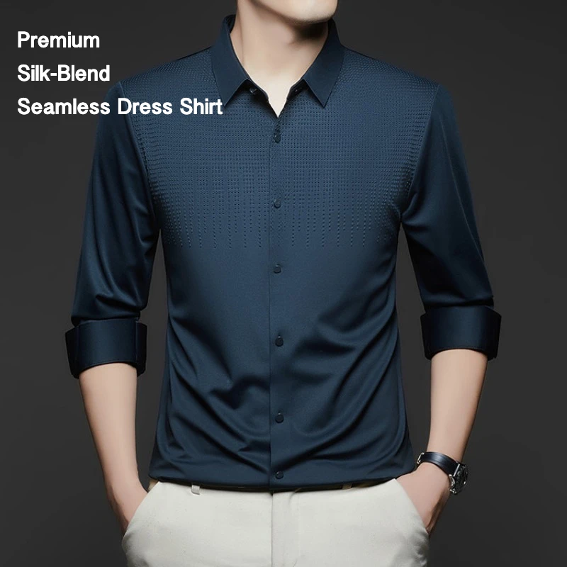 Men's Mulberry Silk Blend Dress Shirt Seamless Wrinkle-Resistant Long Sleeve Business Casual Top