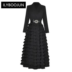 Autumn Winter Dress Women Long Sleeve Double Breasted Beading Belt Ruffle Elegant Party Dresses For Women 2023 Luxury Brand High