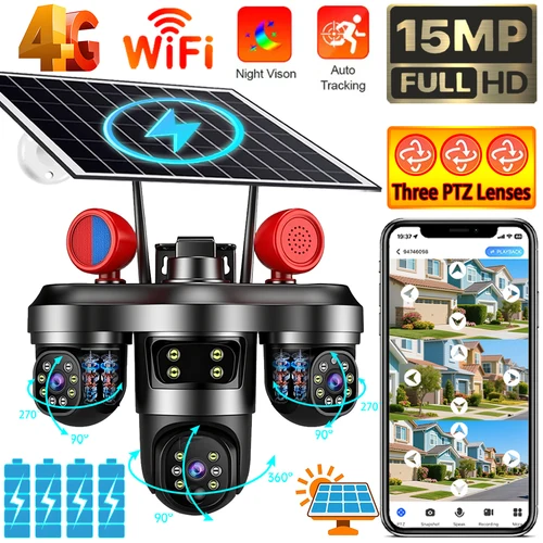 Cámara Solar de tres lentes PTZ WiFi 4G 15MP para exteriores 10X tres pantallas PIR detección humana vídeo CCTV cámaras de vigilancia inalámbrica V380