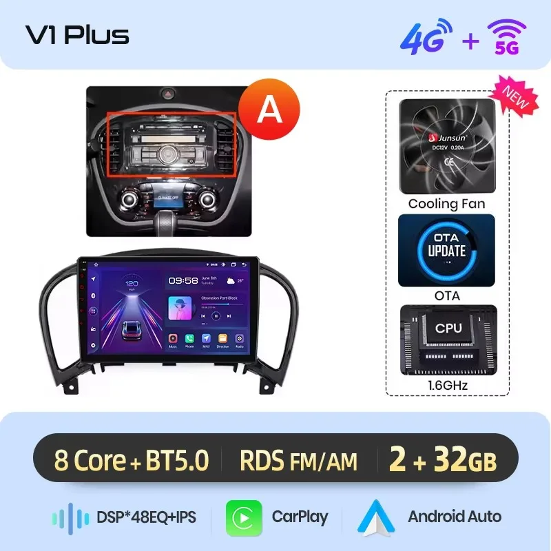 Junsun draadloze CarPlay Android Auto autoradio voor Nissan Juke (F15) 2010-2019 met ingebouwde koelventilator, Android GPS navigatie, multimediaspeler, WiFi, DSP, RDS, BT, SWC, IPS touchscreen,