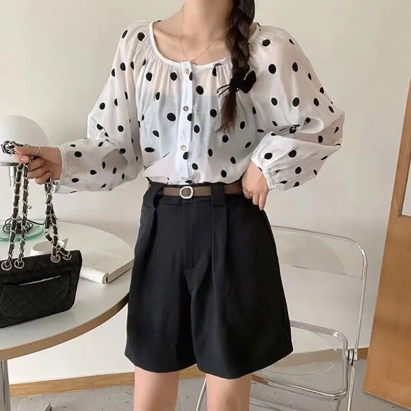 Polka Dot Long Sleeved Top for Spring and Autumn New Style Round Neck Collarbone Exposed Shirt for Women Loose and Breathable