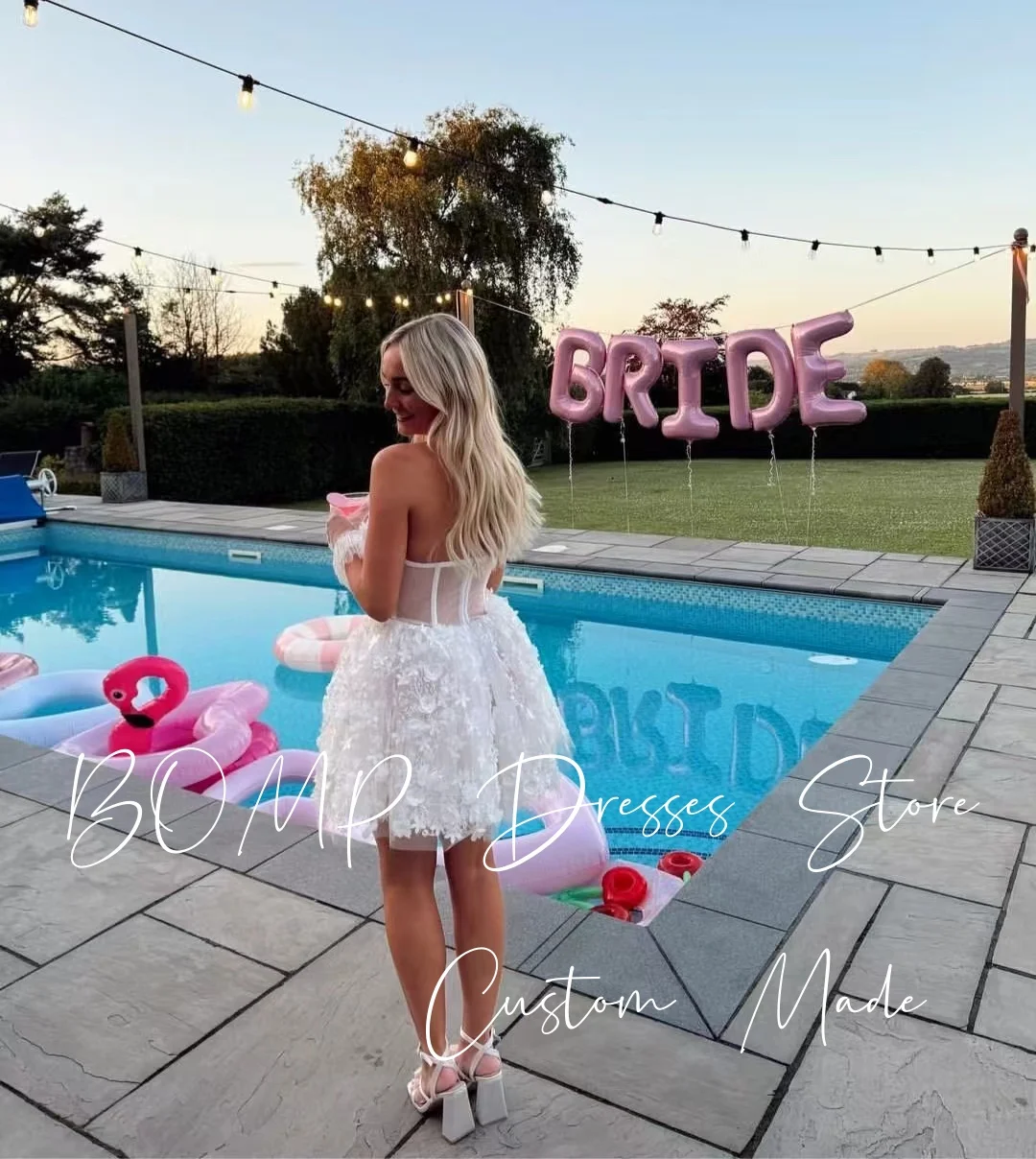 BOMP Exquisite 3D Flowers Wedding Party Dress Strapless A-Line White Tulle Short Bridal Reception Gown Customized Robe De Mariée