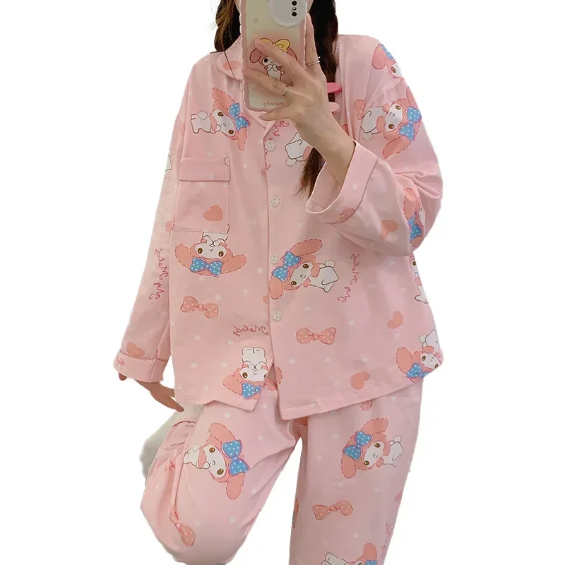 Sanrio Melody-Pijama de dos piezas para mujer, pantalones finos de manga larga, ropa de dormir informal de dibujos animados, pijama de seda, otoño