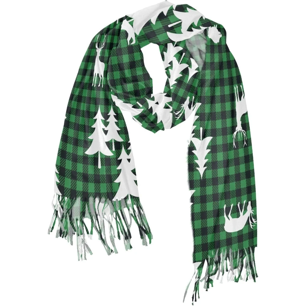 

Vintage Cashmere Scarves for Women Winter Warm Cold Weather with Tassels Buffalo Plaid Forest Deer and Bear Checkered