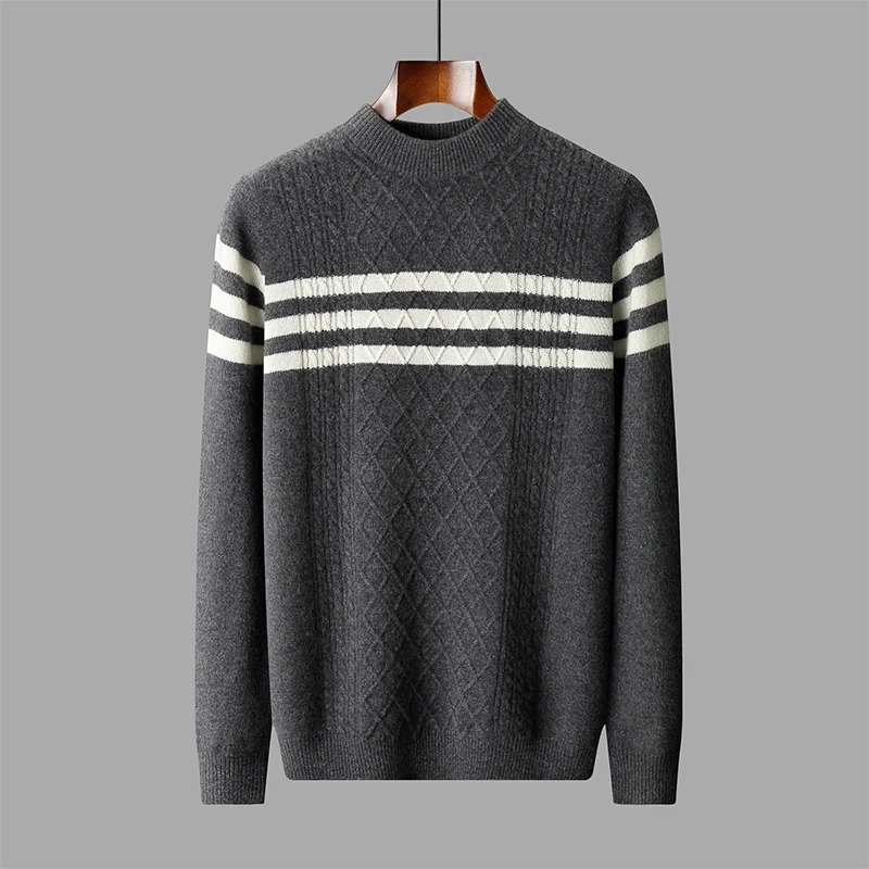 Autumn and winter 100% pure wool men's O-neck thick diamond stripe loose long sleeve casual fashion color matching new sweater