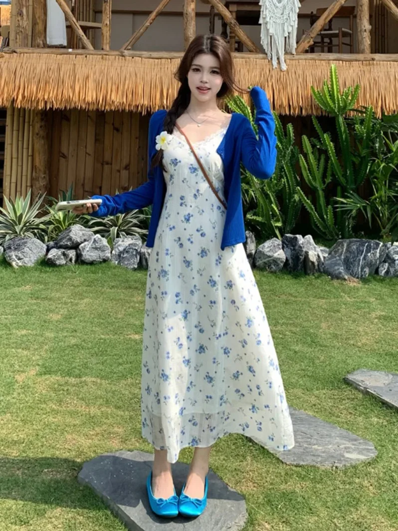 

plus Size Floral Print Summer Dress Women's Fashion Set Casual Style Long Sleeve V-Neck Open Cardigan Two-Piece Ensemble