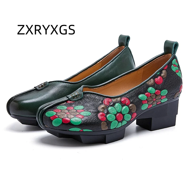 

ZXRYXGS 2025 New Spring Head Layer Cowhide Print Ladies' Fashionable Shoes High Heels Flower Spell Color Women's Trendy Shoes