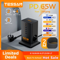 TESSAN PD 65W Fast Charging Power Strip GaN Tower Power Socket with 6 USB Ports 2 AC EU Plug Charging Station for Phone Pad Desk
