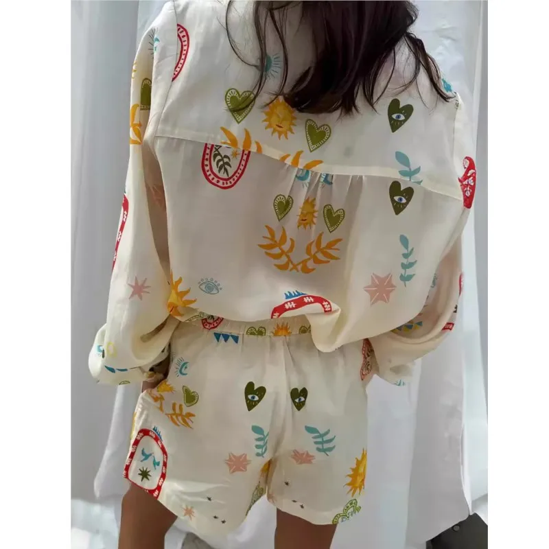 Women Casual Floral Print Lapel Long Sleeve Shirt Short Pants Set Fashion Elastic Waist Two Piece Sets Casual Holiday Outfits
