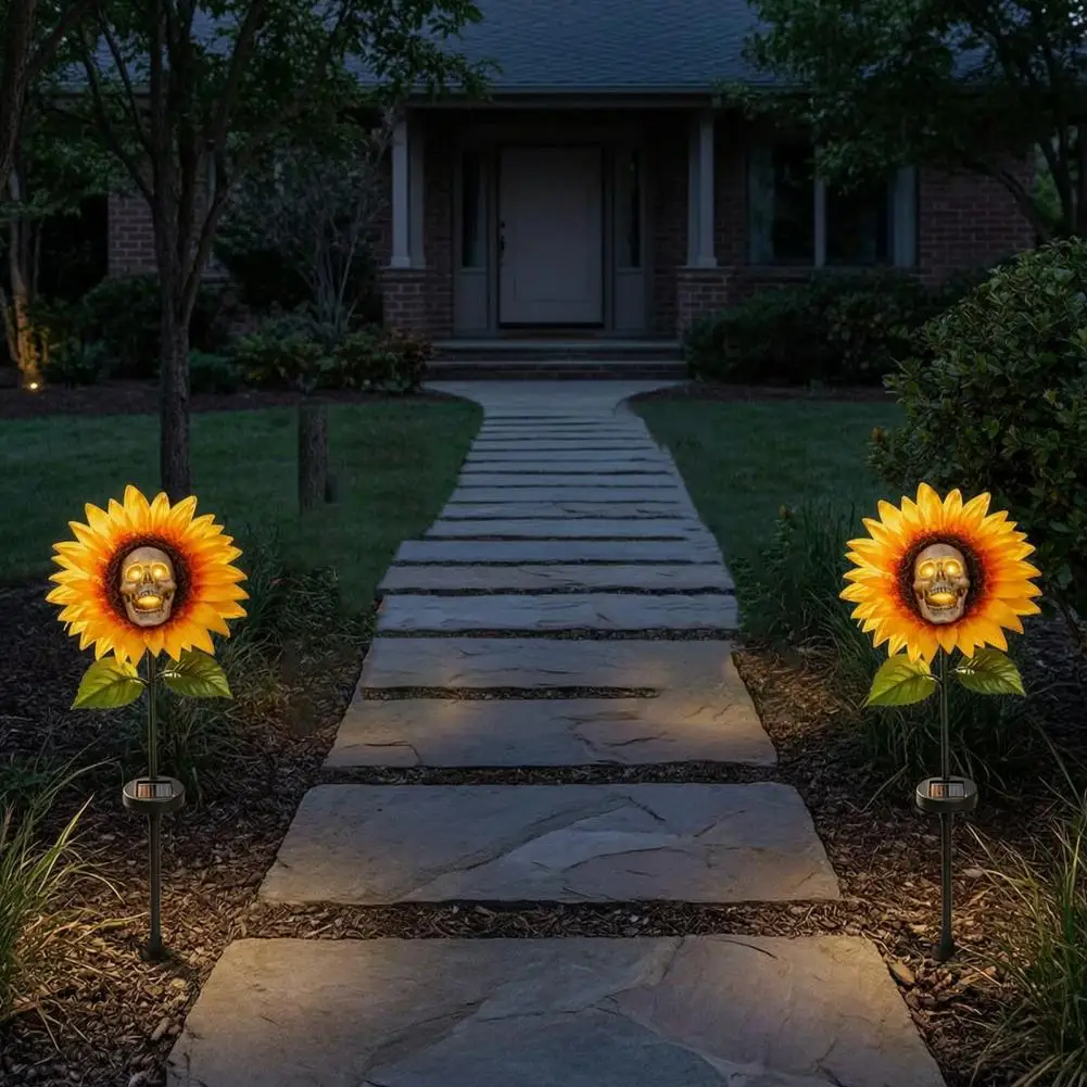 Weather Resistant Courtyard Stakes Solar Garden Stake Light Skull Sunflower Statue Lamp Waterproof Led Outdoor Decor for Patio