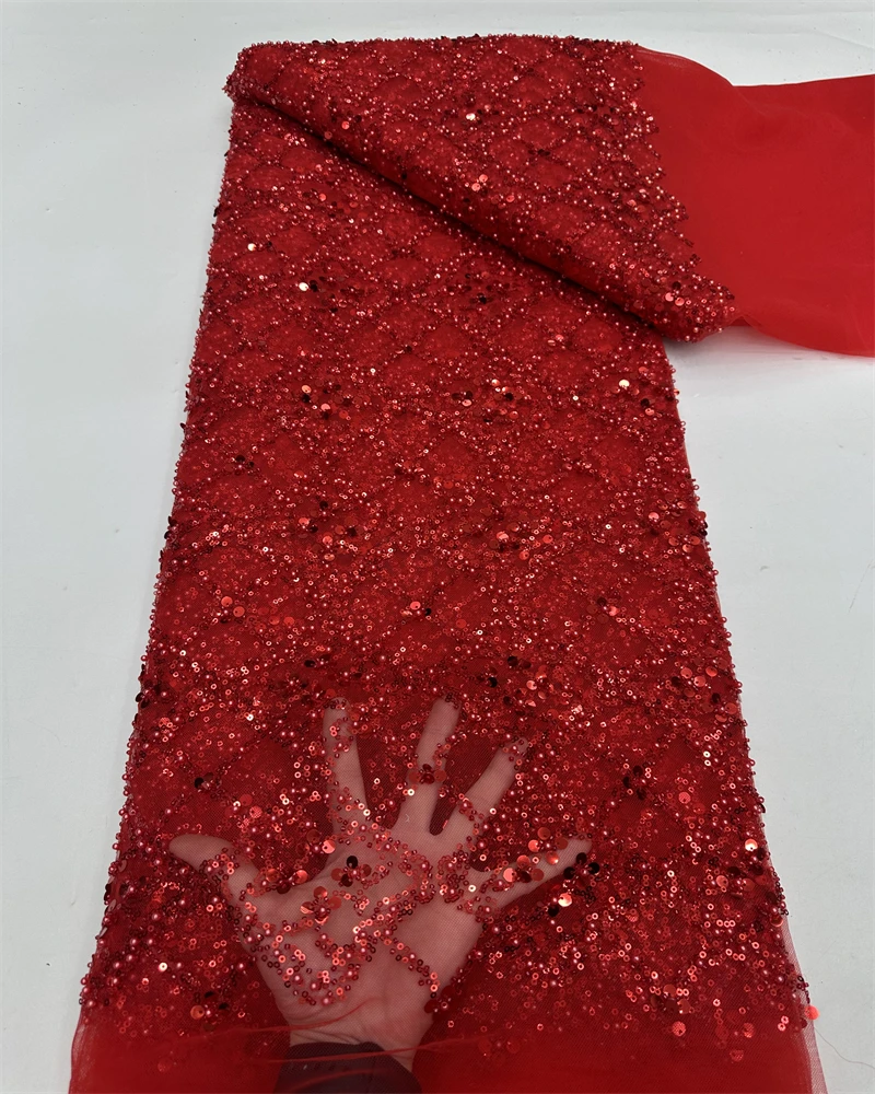 

Luxury French Embroidery Lace Fabric 5 Yards with Beads And Sequins High-Quality Material for Evening Party Dresses
