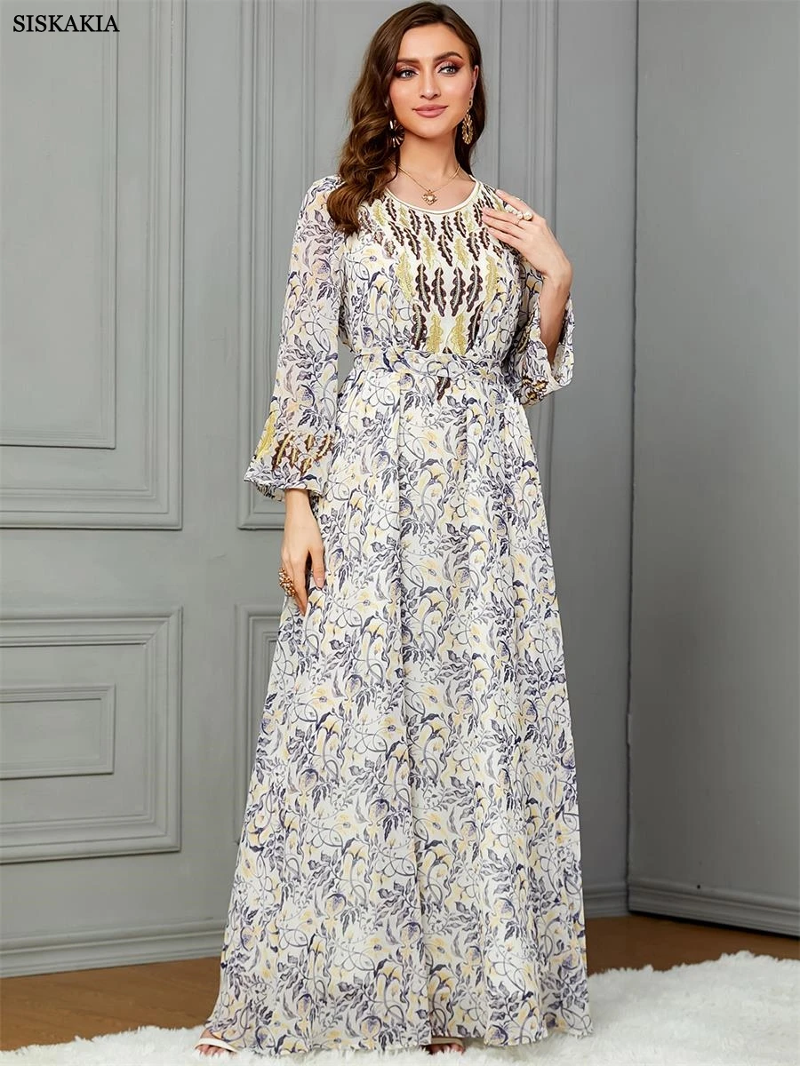 Siskakia Printing Diamonds Floral Emboridery Chiffon Long Sleeve Belted Dress Elegant Daily Party Moroccan Turkish Gulf Clothing