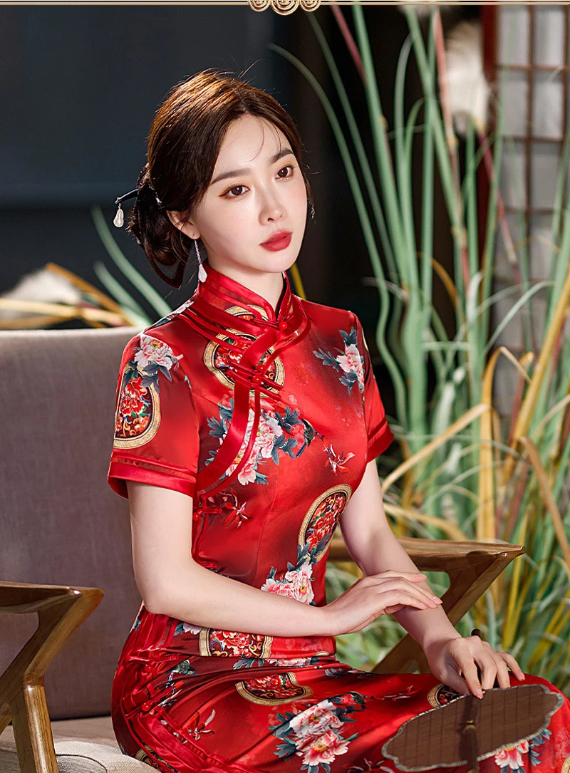 

2023 Summer New Long Red Wedding Cheongsams Dress Retro Chinese Qipao Traditional Guest Dress Ao Dai Vietnam for Women