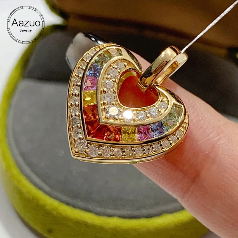 Aazuo Fine Jewery18K Yellow Gold Natural Sapphires Real Diamonds Lovely Rainbow Heart Pendent Without Chain Gifted For Women