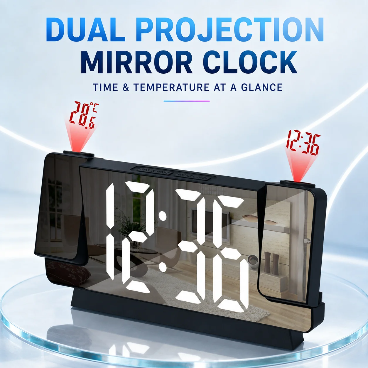 Modern Dual Projection Digital Clock with LED Mirror Display Snooze Alarm Battery Not Included