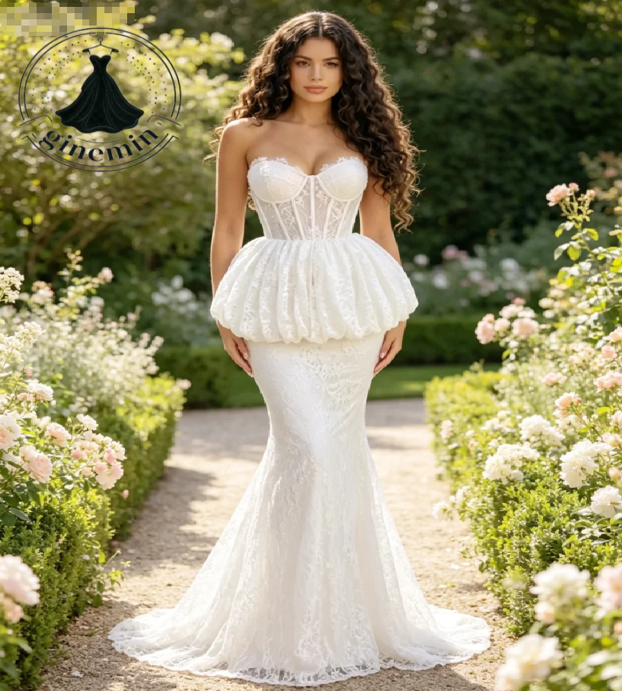 Elegant Mermaid Lace Wedding Dress 2026 Detachable Bubble Peplum Overlay Blush Pink Bohemian Bridal Gowns Floor Length Garden