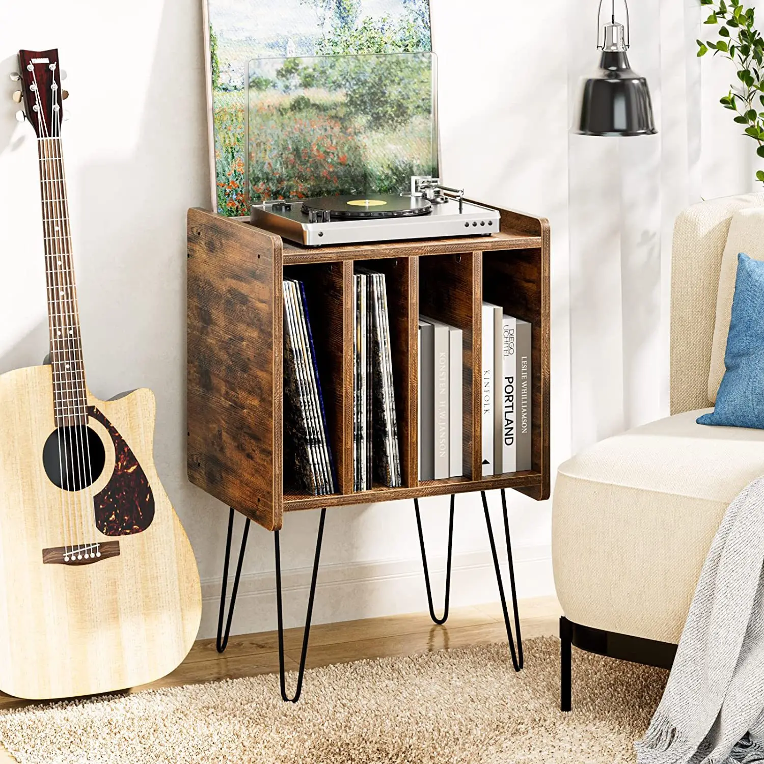 Living room, bedroom, four-compartment storage record player bracket with four two-wire dovetail leg CD brackets