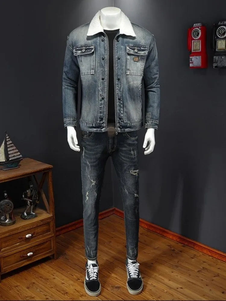 Winter Mens Denim Jacket Fashion Faux Lambswool Lining Vintage Slim High Street Single Breasted Casual Lapel Biker Short Coat