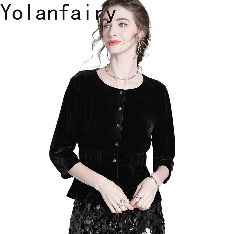 

YOLANFAIRY бархатные рубашки из натурального шелка, женская одежда, ранняя осень 2022, высококачественные тонкие женские топы, рубашка из 100% тутового шелка, женская
