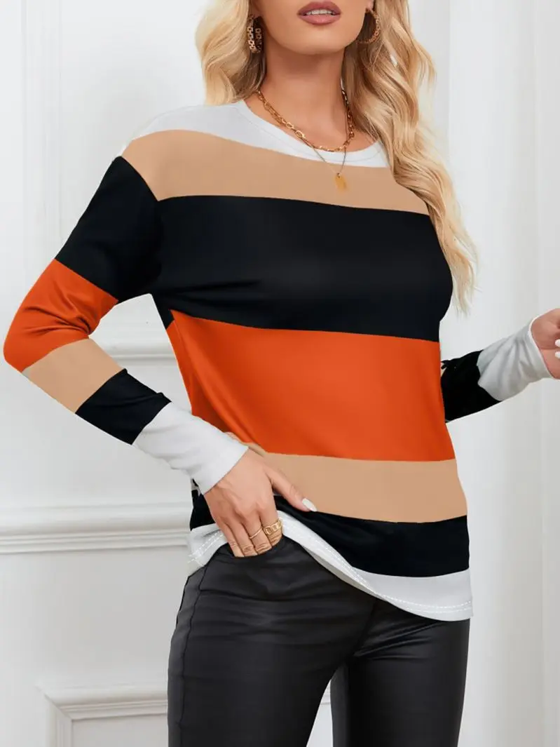 Women's Color Block Striped round Neck Long Sleeve Top Casual Loose Slimming Versatile Comfort Fit Top