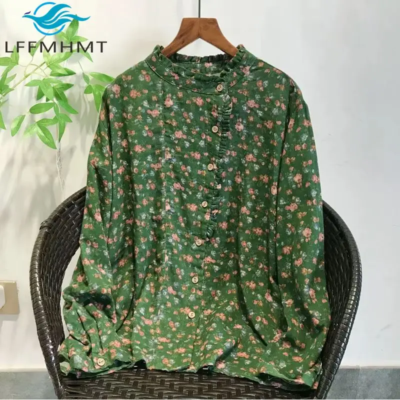 

Женская блузка с длинным рукавом в винтажном стиле и милым рюшами на воротнике с цветочным узором, весенне-осенняя свободная блузка из хлопковой пряжи