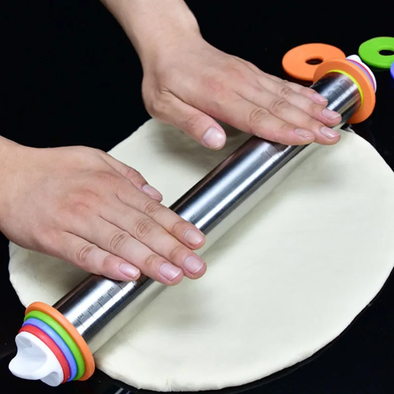 Adjustable Rolling Pin with Thickness Rings for Baking, Stainless Steel Designs Dough Roller Pins for Cookie Decorating Baking