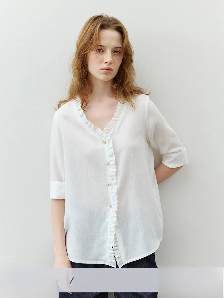 

Lound Korean Style Ruffle V-Neck Single Button White Silk Long Sleeve Summer Loose Women's Shirt Breathable Comfortable