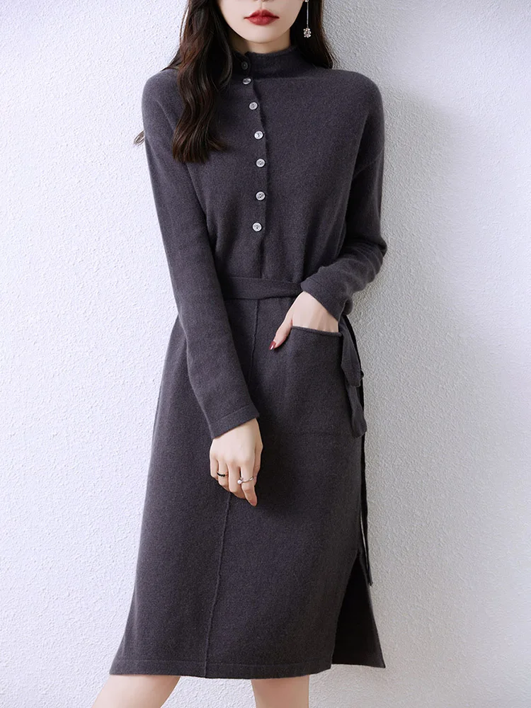 

New 100% Merino Wool Knitted Women's Dress Spring Autumn Winter Mock-neck Button Pullover Sweater With Pocket Female Long Dress