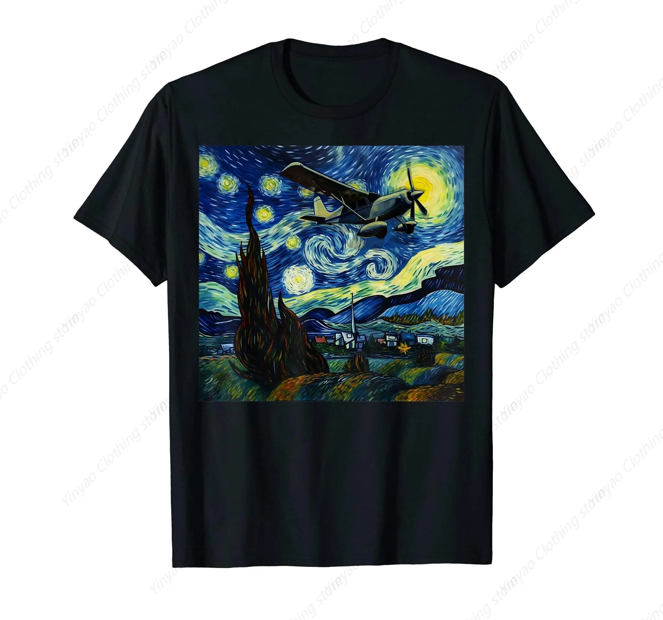 

Interesting Airplane Art Printed Shirt Starry Night Van Gogh Often Flies Pilot Men'S T-Shirt Personalized Pure Cotton Top