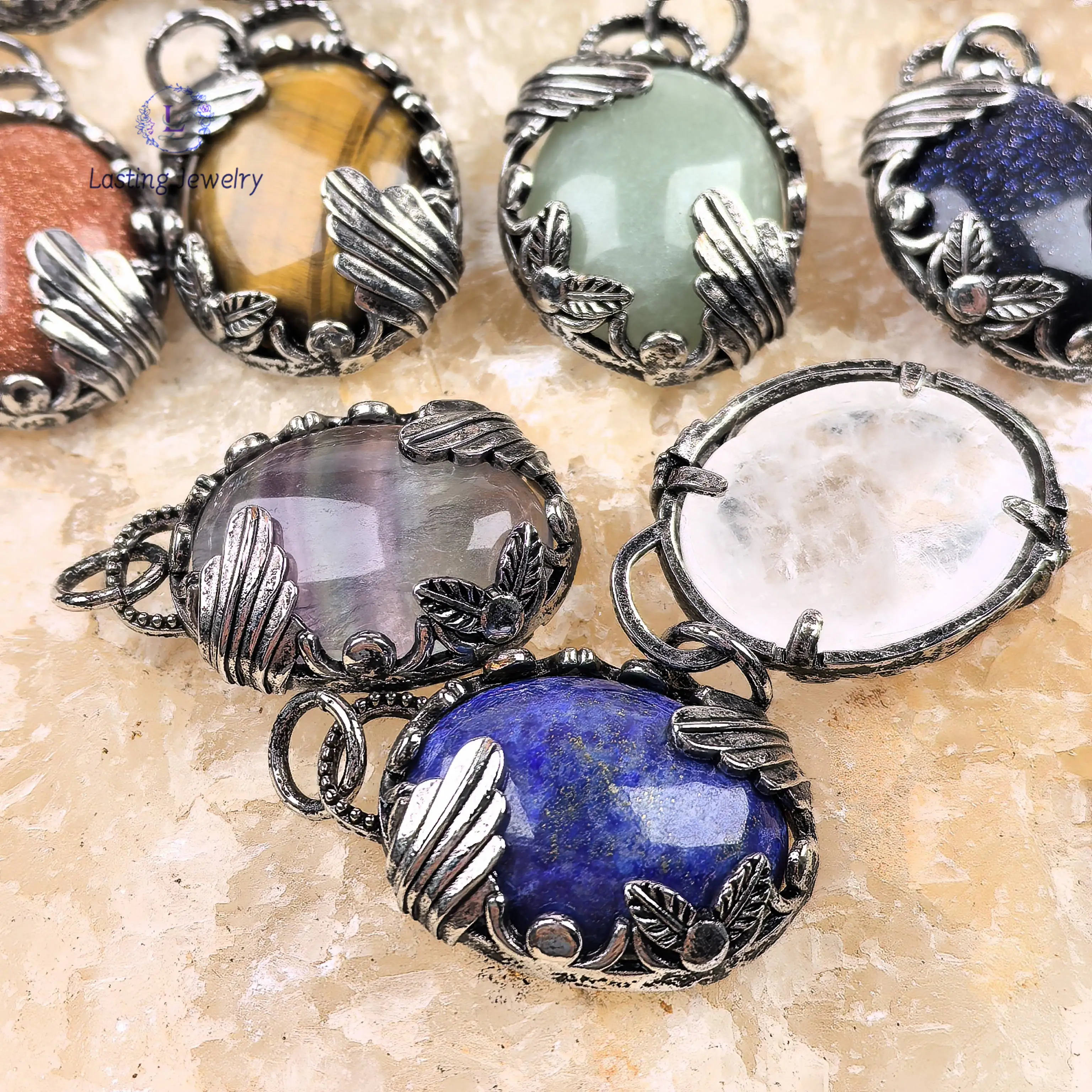 จี้หินธรรมชาติรูปไข่สีเงินโบราณ, คริสตัลบำบัดพลังงานควอตซ์ อเมทิสต์ ฟลูออไรต์ ไทเกอร์อาย สำหรับทำสร้อยคอ DIY