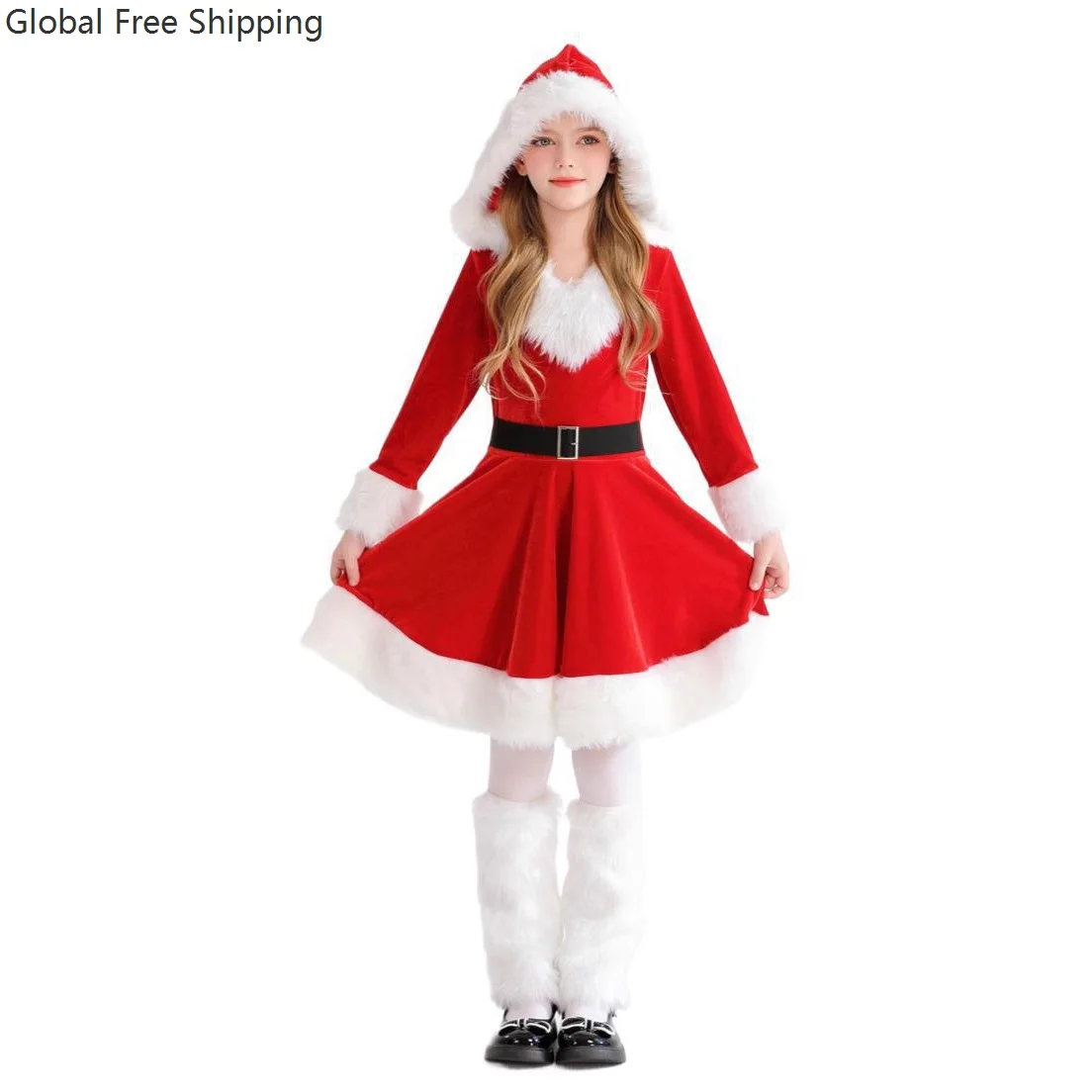 

Christmas Girls Dress Cosplay Santa Claus Costume Girl Hooded Dress Party Dress Masquerade Leg Covers Costume Set Christmas Gift