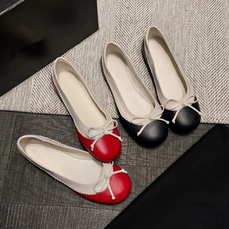 Niche Versatile Round Toe Bow Shallow Mouth Ballet Comfortable Soft Sole Commuter Flat Single Shoes