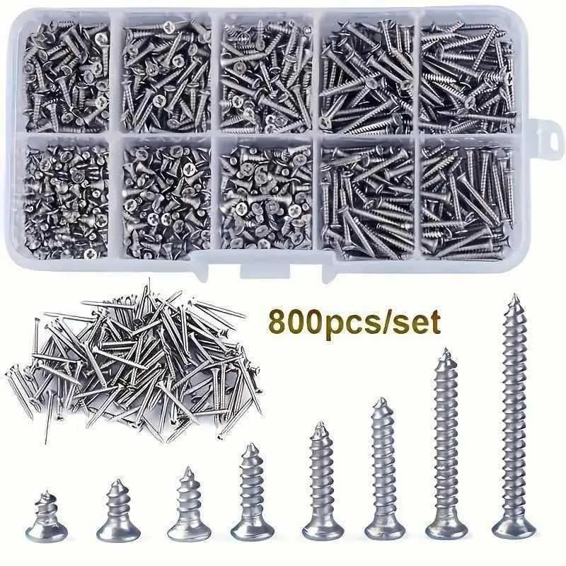 800Pcs M2 Carbon Steel Nickel-Plated Phillips Countersunk Head Self-Tapping Screws Assortment Kit (4-20mm)