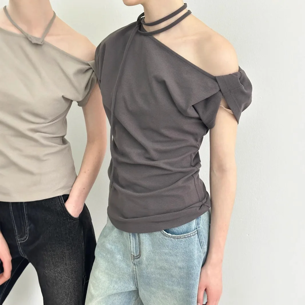 

Женская повседневная футболка с короткими рукавами и бретелями, приталенного кроя, с открытыми плечами и открытой спиной, модные топы