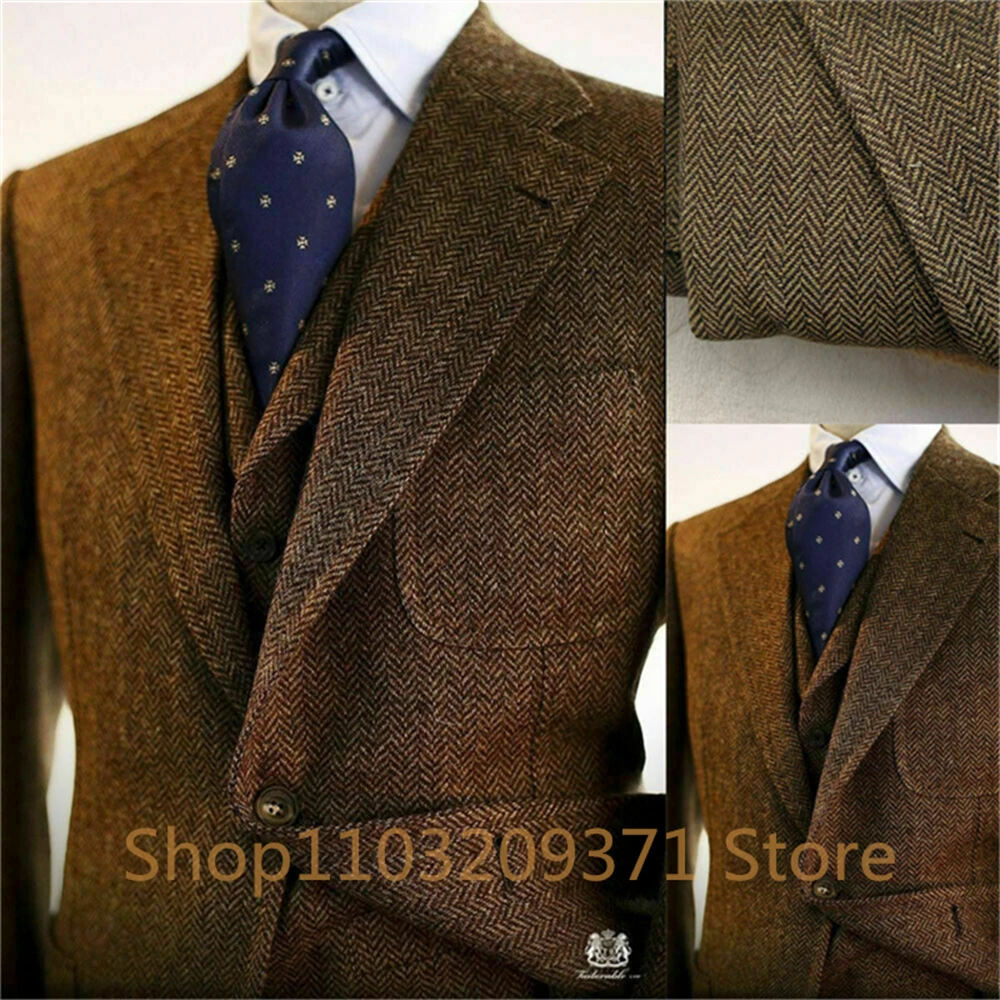 3 Pieces 2024 Men\'s Suits Gray Tweed Herringbone Slim Fit Business Notch Lapel Tuxedos (Blazer+vest+Pants)