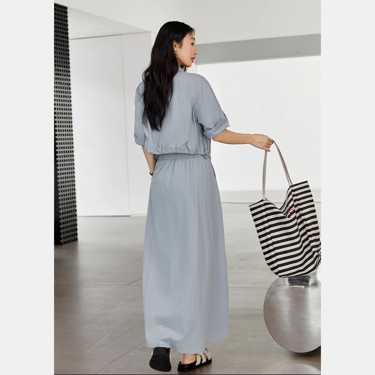 VIMLY Women's Skirt Sets 2026 Gray and Blue Commuter Skirt Suits Woman Outfits Summer Short Sleeve Crop Jacket Long Skirt M8106
