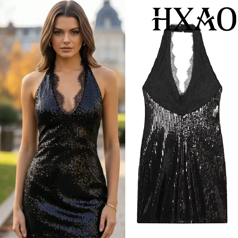 HXAO Spitze Pailletten Schwarz Kleid Off Schulter Halter Mini Kleid Frauen Backless Sexy Enge Kurze Kleider Frau Luxus Party Kleider