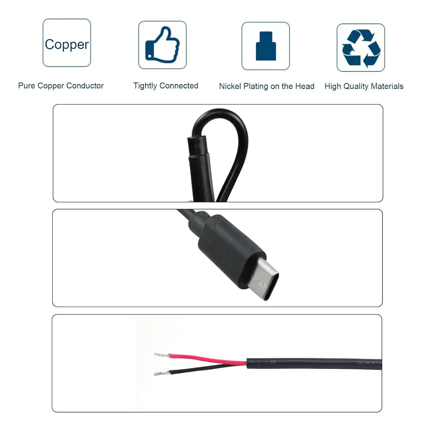 5 فولت 3A Singe USB C إلى 2 دبوس سلك عاري نهاية مفتوحة 24AWG USB نوع C ذكر ضفيرة وصلة كابل لتقوم بها بنفسك لمعدات USB C مثبتة 0.3/1 متر #4
