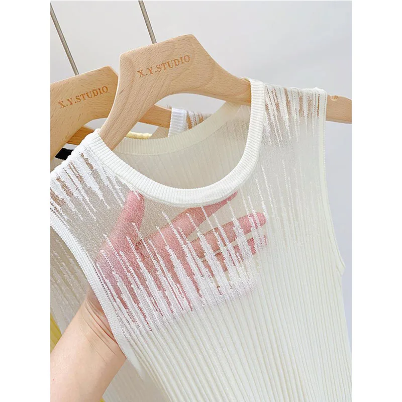 Mesh Patchwork Sleeveless Women Knitted Tank Top Fashion Pullover Bottoming Korean Female Clothing Summer New Solid Casual Tops