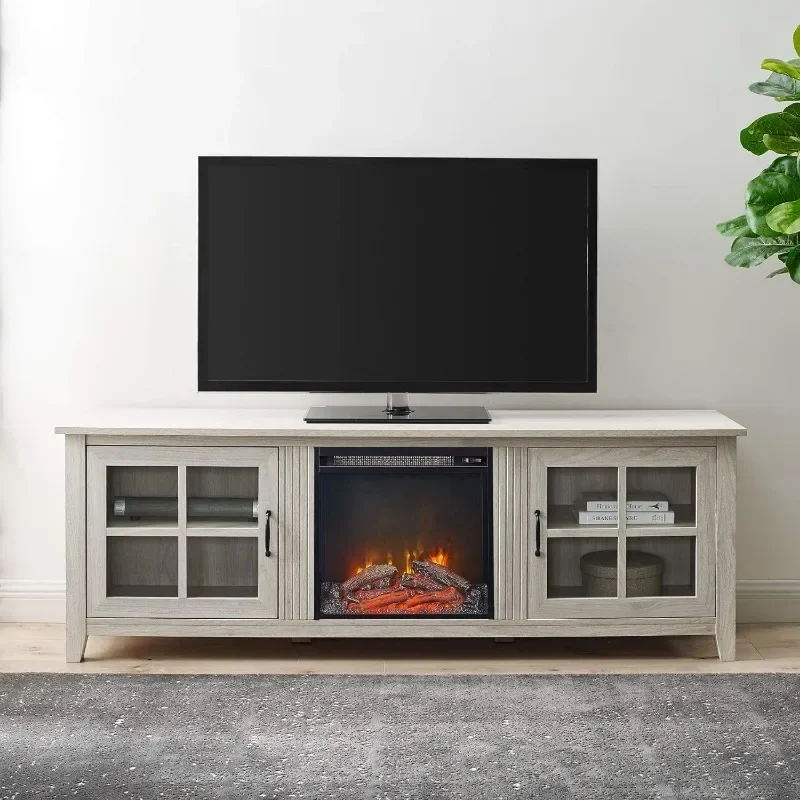 Porta de vidro clássica TV Stand para TVs, 2 portas, até 80 polegadas, 70 polegadas