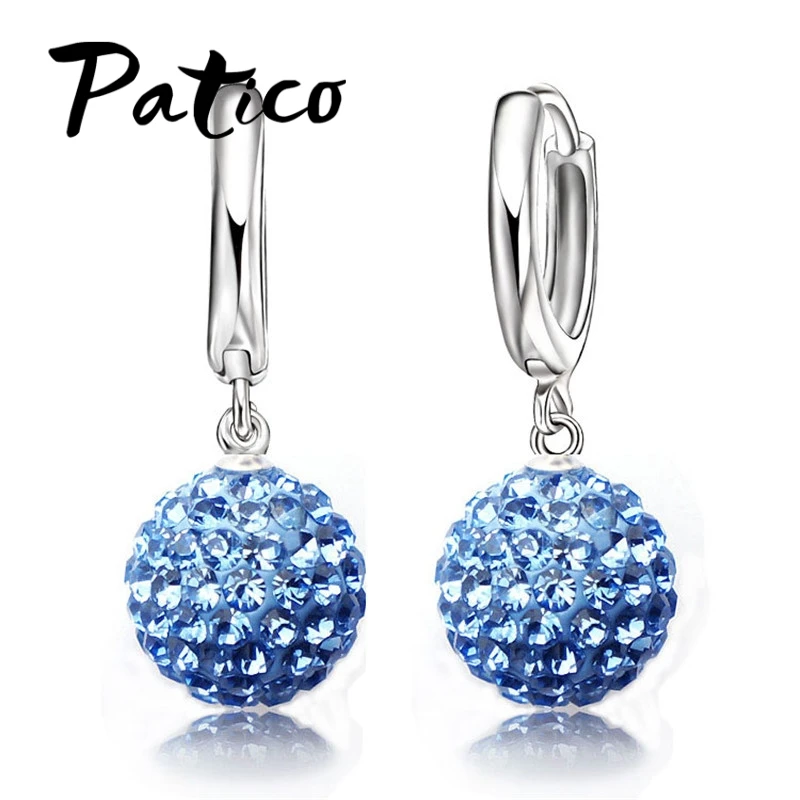 Gorąca sprzedaż wiele kolorów 1 para prawdziwa czysta 925 Sterling Silver austriacka Pave kula dyskotekowa Hoop dźwignia kolczyk zapinany z tyłu kobieta biżuteria