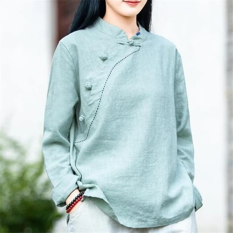 Chinese Style HanFu Top Women Loose Cotton Linen T-shirt Summer Stand Collar Buckle Button Tea Clothing Top Female Casual Tee