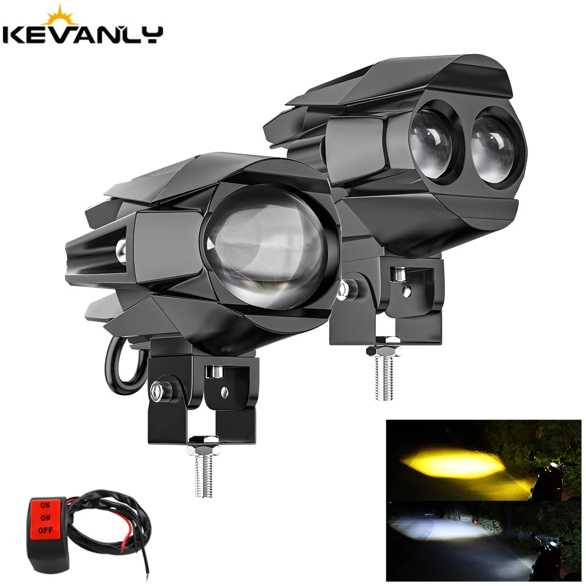 

2PC Motorcycle 3D Spotlights 12V 24V White Yellow High And Low Beams LED Laser Lens Headlight With Switch 20W Driving Fog Lights