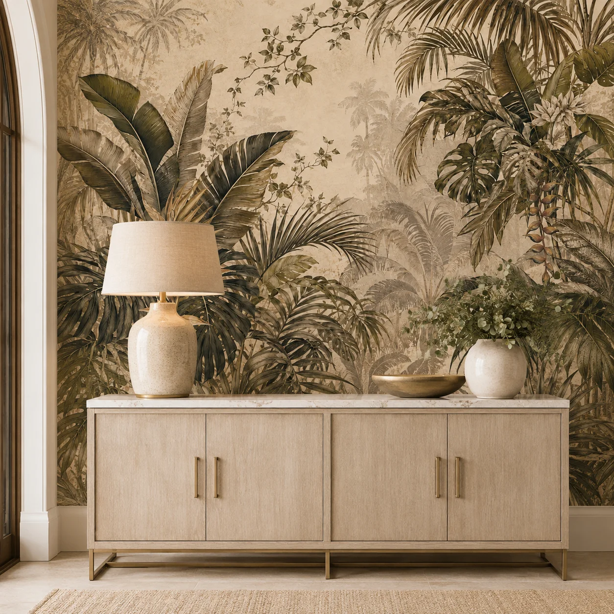 Vintage Tropical Jungle Mural Wallpaper Palm Banana Leaves Botanical Wall Art Beige Dining Room Non Self Adhesive Glue Required