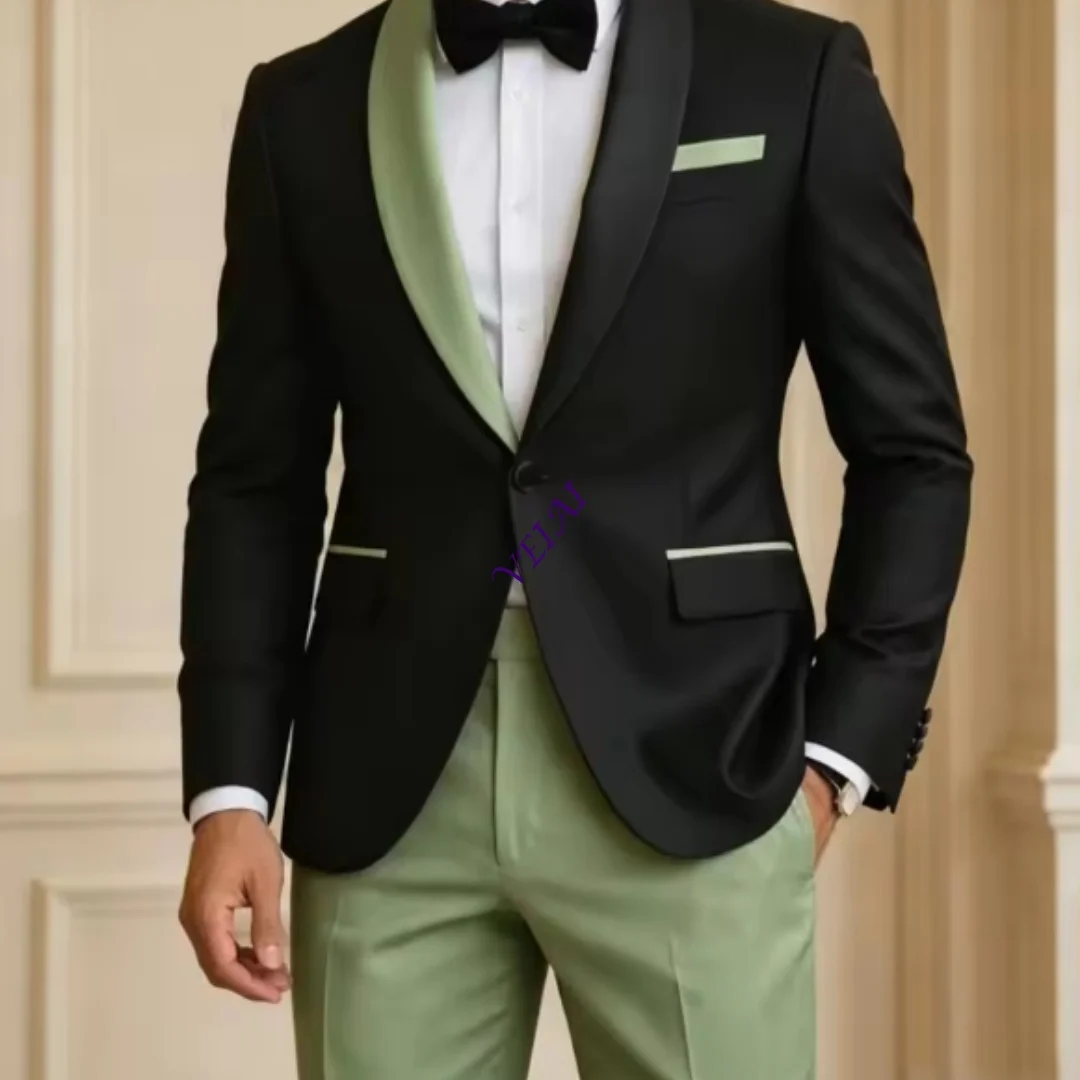 Mens Black Champagne Contrast Color 2 Pieces Tuxedo Shawl Lapel Formal Clean Stitching Prom Wedding Evening Groom Off Customized